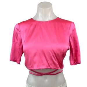 NEW Amanda Uprichard Andra Pink Ribbon 100% Silk Satin Short Sleeve Crop Top S